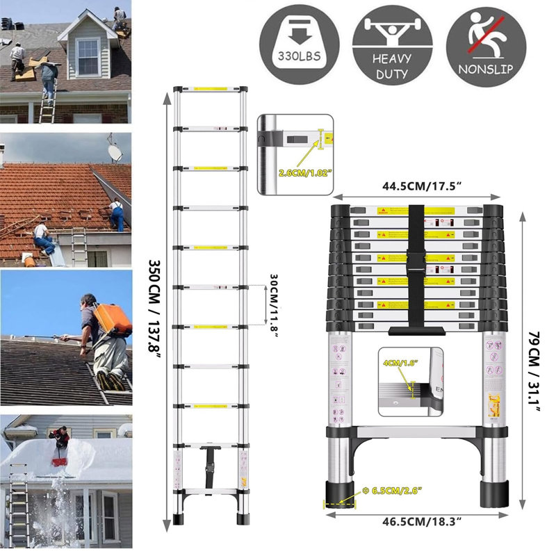 Telescopic Ladder Extendable Ladder 3.5M/11.48FT Stainless Steel Thickened High-Ladders extendable with Non-Slip Feet and Detachable Hooks