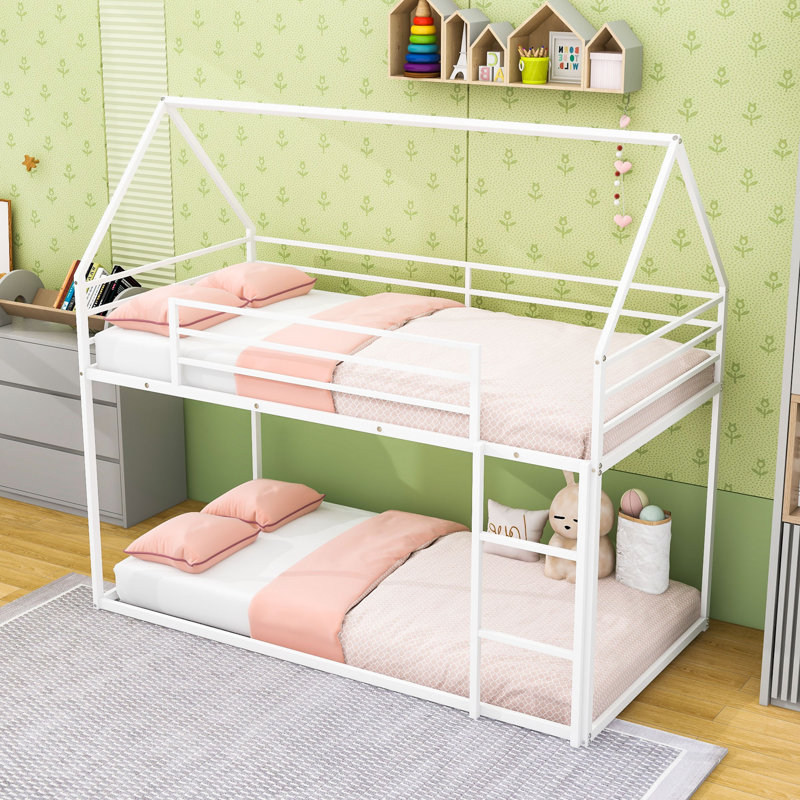 Twin Over Twin House Bunk Bed With Built-In Ladder And Guardrails, White