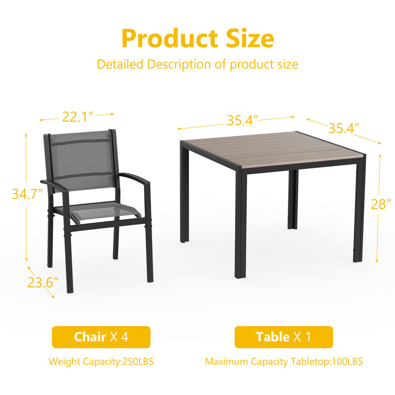 Outdoor Dining Set with 4 Chairs, Black/Gray