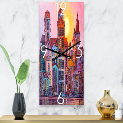 Scène de rue dans la vieille ville avec des bâtiments colorés - Horloge murale moderne Mid-Century