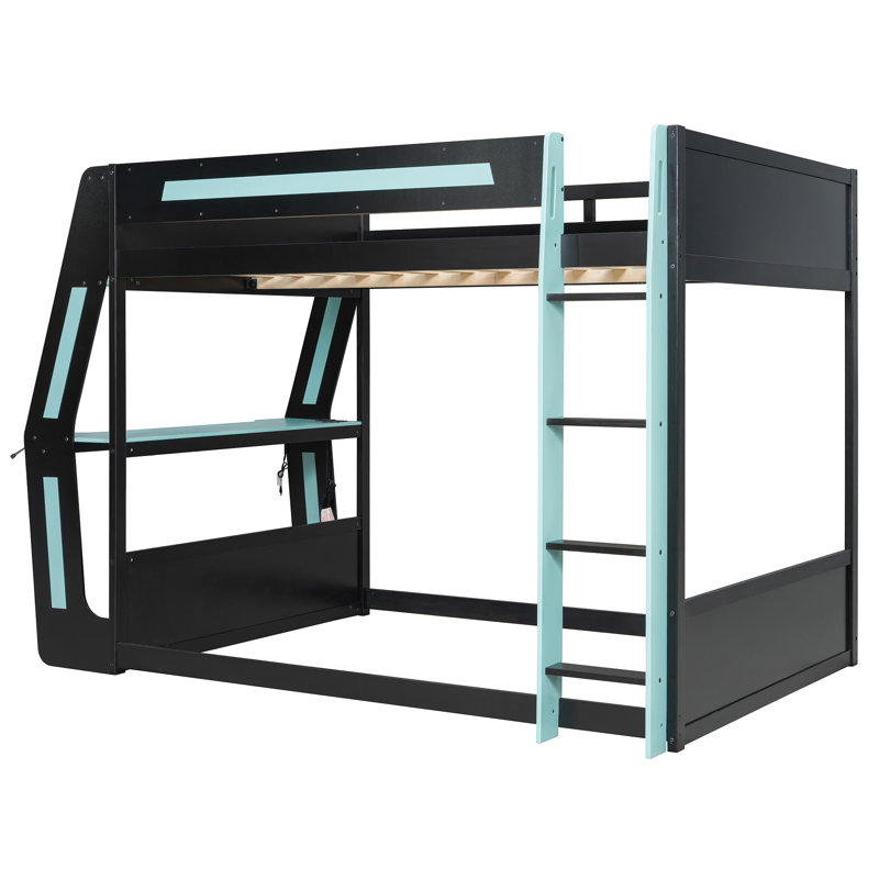 Full-Size Gaming Bunk Bed with Side-Mounted RGB Desk, USB Ports, Cable Grommet & LED Strip-Cloud Blue, Blue/Black