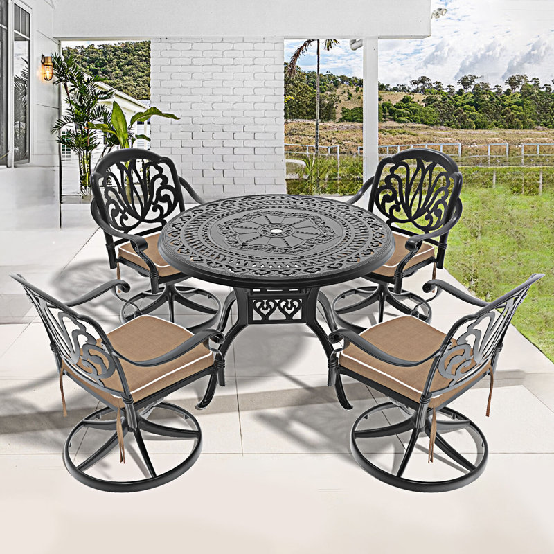 5-Piece All-Weather Cast Aluminum Dining Set, Beige, 4