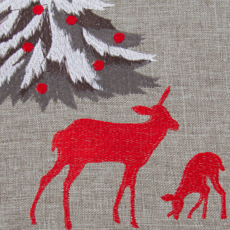 Gray and Red Embroidered Christmas Scene Square Throw Pillow