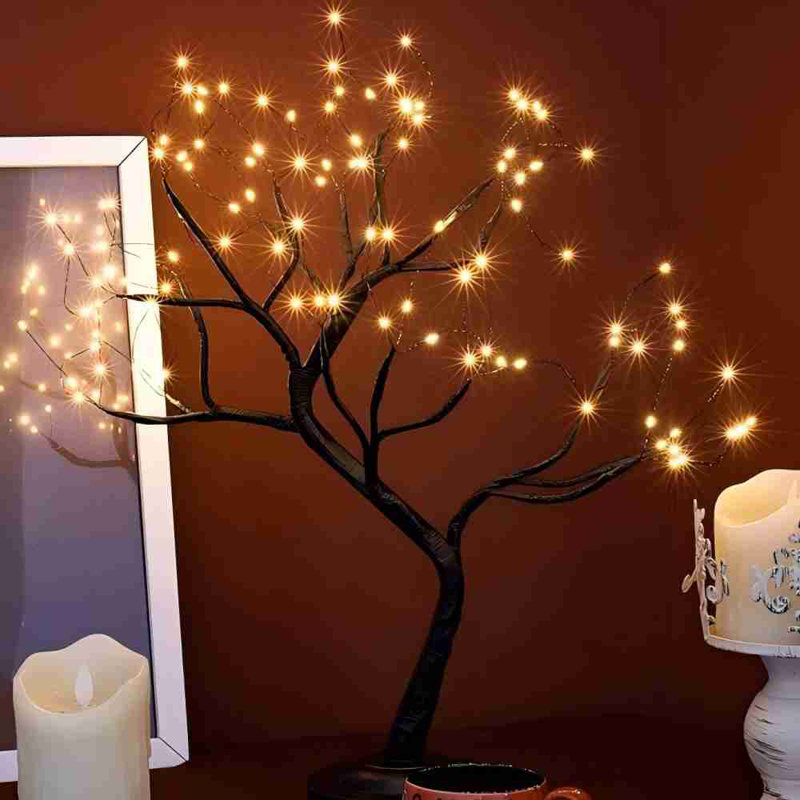 108 lumières artificielles à DEL pour table de bureau Arbre artificiel pour bureau à domicile Branches décoratives pour fête d'Halloween Bonsaï à pile avec minuterie (blanc chaud)