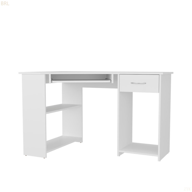 Bureau d'ordinateur de coin en L avec tiroir et tablette, Blanc