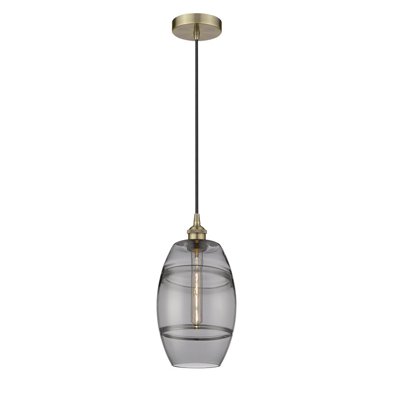 Mini-luminaire suspendu 1 lumière Edison Bettylou-616-G557, H 9,88 po x l 8 po x P 8 po, Gris fumée clair, Laiton antique