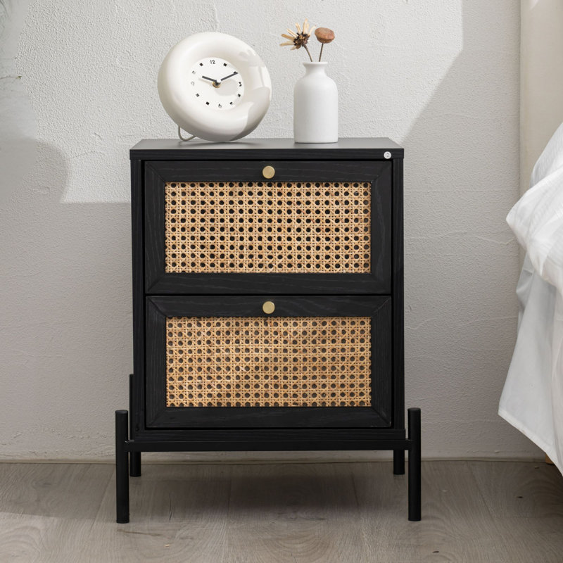 Alamdaar Modern Black Rattan 2 Drawer Bedside Table For Stylish Bedrooms