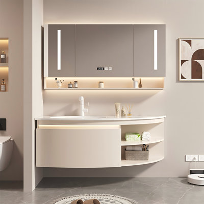 62.99"Cream Solid Wood Rubberwood Wall-Mounted Bathroom Washbasin Vanity With a Mirror Cabinet