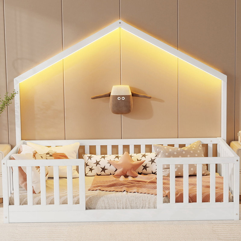 Lit simple à plancher surélevé, lit En Montessori avec éclairage pour enfants, garçons et filles, Lit simple, Blanc