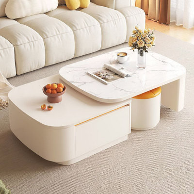 Modern 54.7" Swivel Coffee Table With Faux Marble Top & Hidden Storage, Rotating Cocktail Table