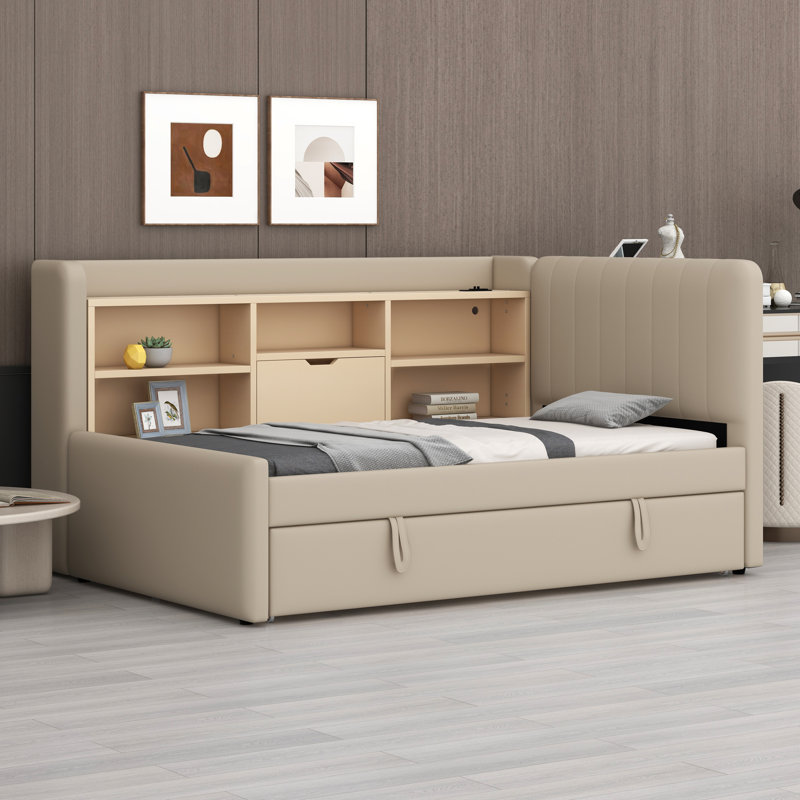 Lit de jour rembourré avec lit gigogne, tablettes de rangement, port USB et prise de courant, Beige