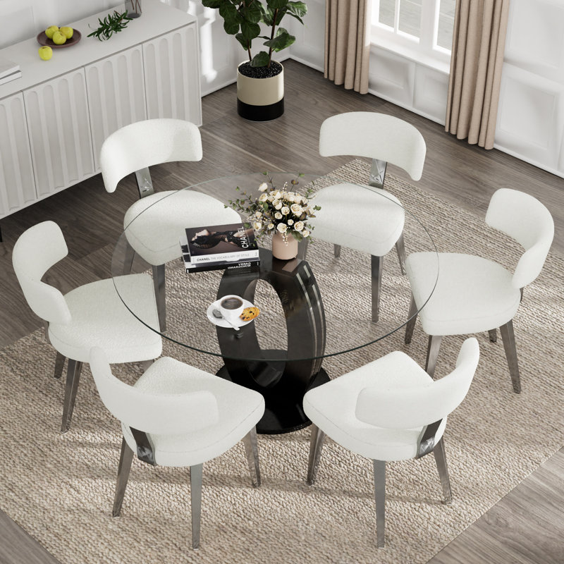 Ensemble de salle à manger à piédestal, table de salle à manger ronde 47 po et chaises Teddy, 7, Noir / blanc