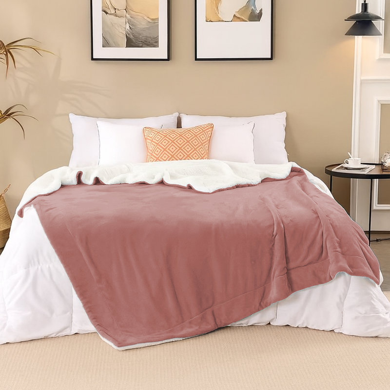 Sherpa Fleece Fur Thick Reversible Blanket Throw, Pink, 150cm x 200cm