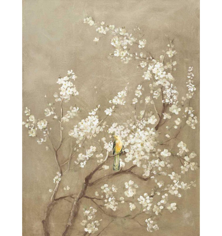 «Red Barrel Studio® Nai, Danhui», reproduction d'art sur toile tendue: White Cherry Blossom I Neutral Crop Bird
