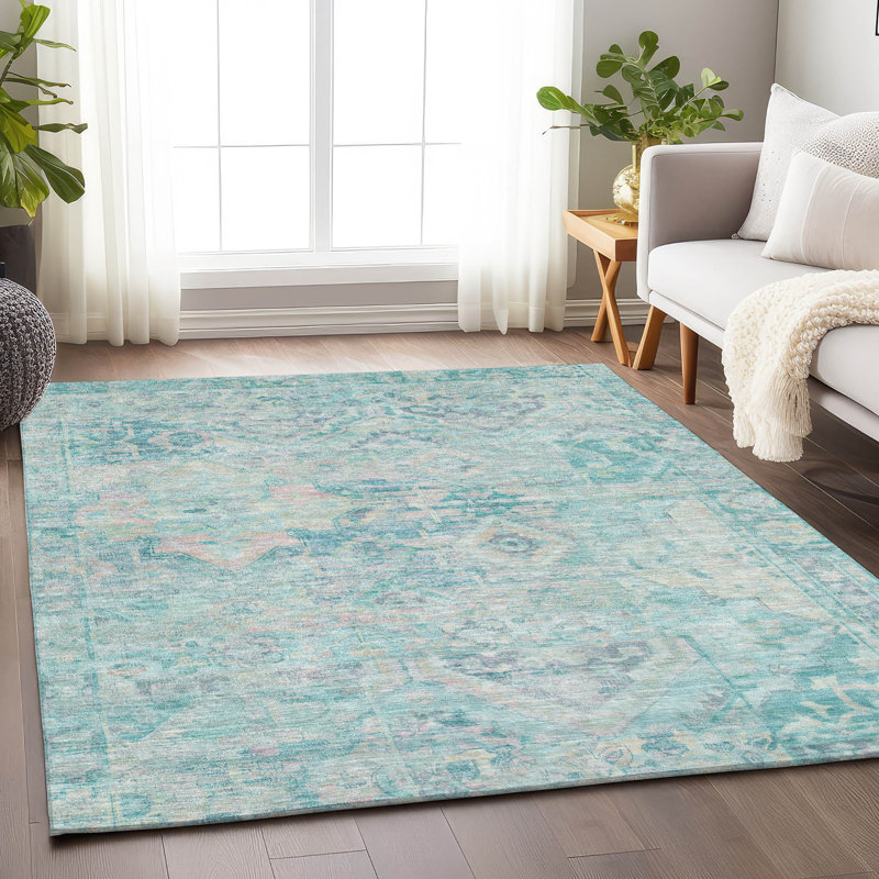 Tapis intérieur / extérieur bleu sarcelle lavable Aelain - LOOMlan, 10 pi x 14 pi