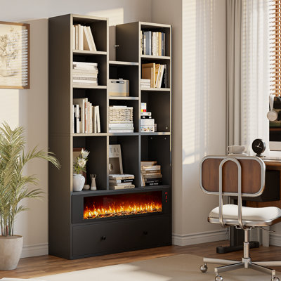65"Fireplace Bookcase With Drawers, 4-tier Open Bookshelf With 11 Storage Cubes,  modern Storage Accent Bookshelf For Home, Office, Living Room,black