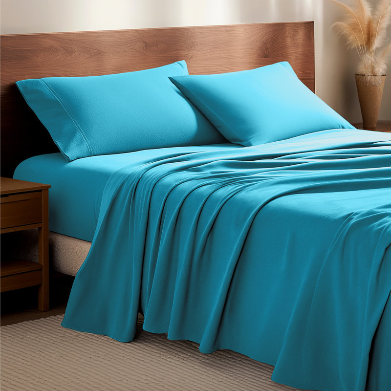 100% Cotton Flannel Sheet Set, King Sheet Set with 2 Pillowcases, Aqua
