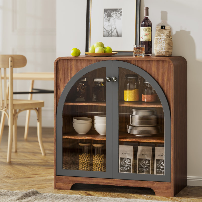 31.5" Sideboard Buffet Cabinet With 2 Arched Glass Doors Storage, Console Table Coffee Bar for Kitchen Living Room Hallway, Walnut