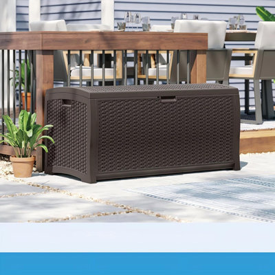 Boîte de rangement en osier 99 gallons à motif en osier, boîte de terrasse en plastique résistante aux intempéries avec poignées intégrées pour la terrasse, le jardin, le garage et la piscine