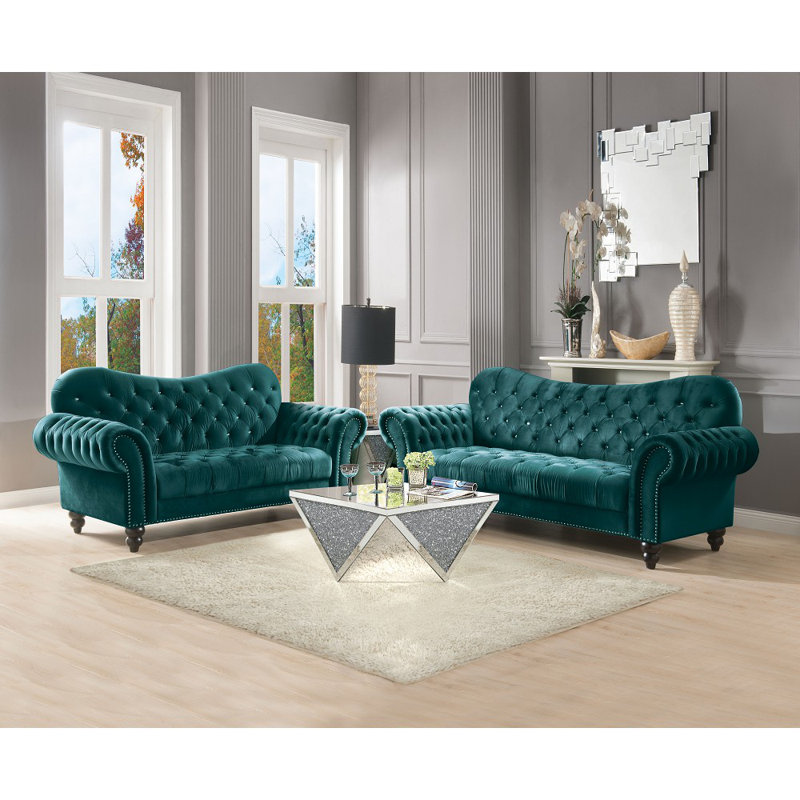 Canapé Chesterfield en velours à accoudoirs roulés de 91 po Munsey, Vert
