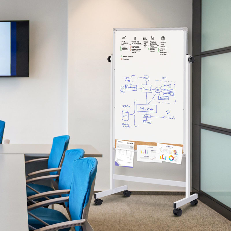 44" x 28" Freestanding Whiteboard Height Adjustable Double-Sided Magnetic Cork Board Combo on Wheels