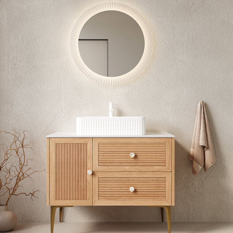 Meuble-lavabo autoportant moderne de 36 po avec lavabo en chêne et en céramique, armoire en contreplaqué, 4 pieds en métal, une porte, deux tiroirs, grand espace de rangement, installation facile, haute qualité, blanc préassemblé