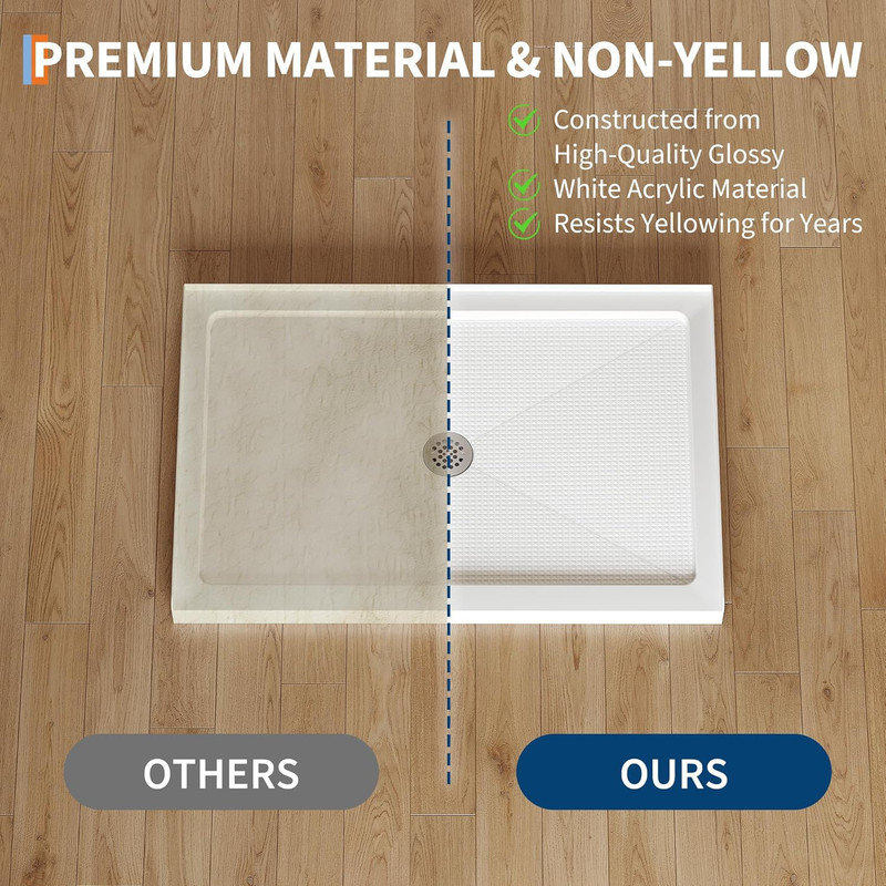 Acrylic PVC Shower Pan with Anti‑Slip Surface, 3‑Side Water Retaining Base & Drain Options for Alcove Bathroom