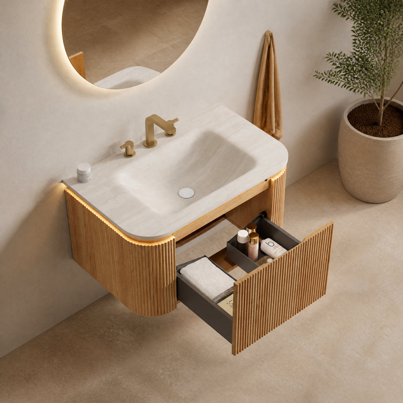 Meuble-lavabo flottant 30 po avec lavabo, meuble à grain de bois à rayures 3D, capteur à DEL, lavabo intégré en pierre frittée intégrée