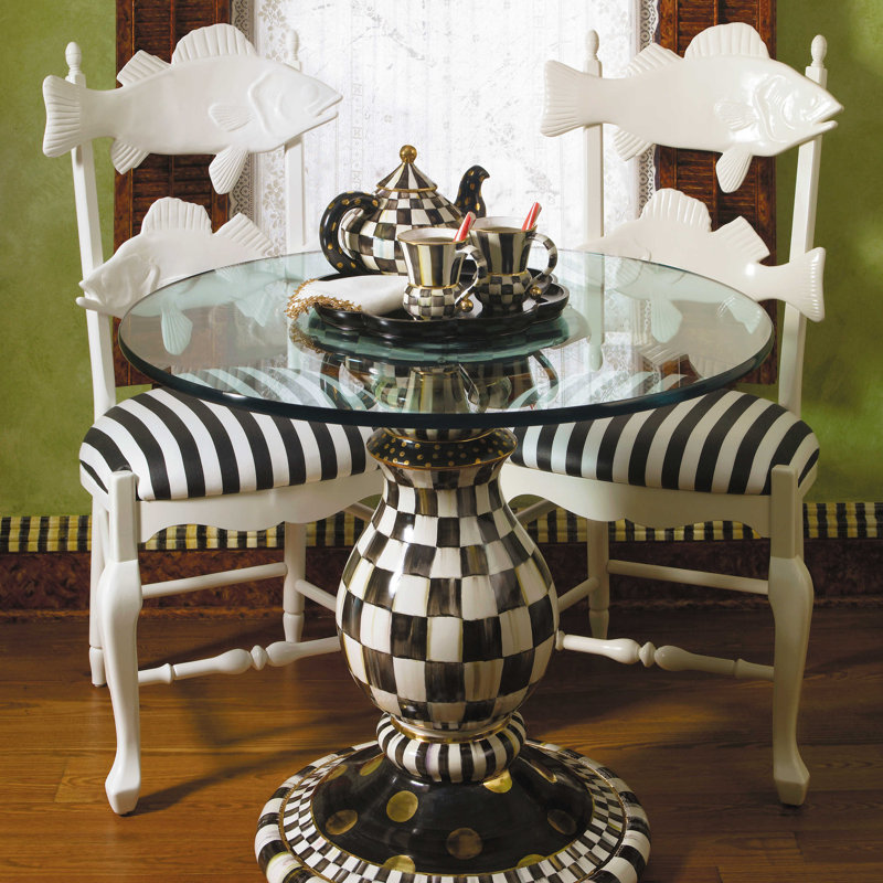 Handcrafted Black and White Ceramic Pedestal Table Base with Goldleaf