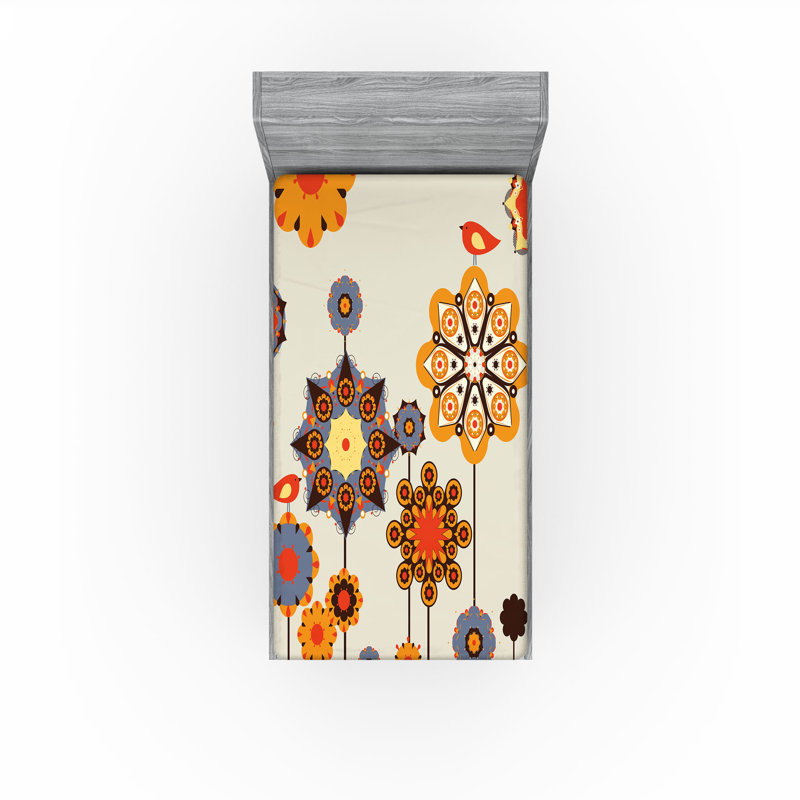 Drap-housse orange Ambesonne, Drap-housse pour lit simple TG, Beige / orange / bleu / floral gris