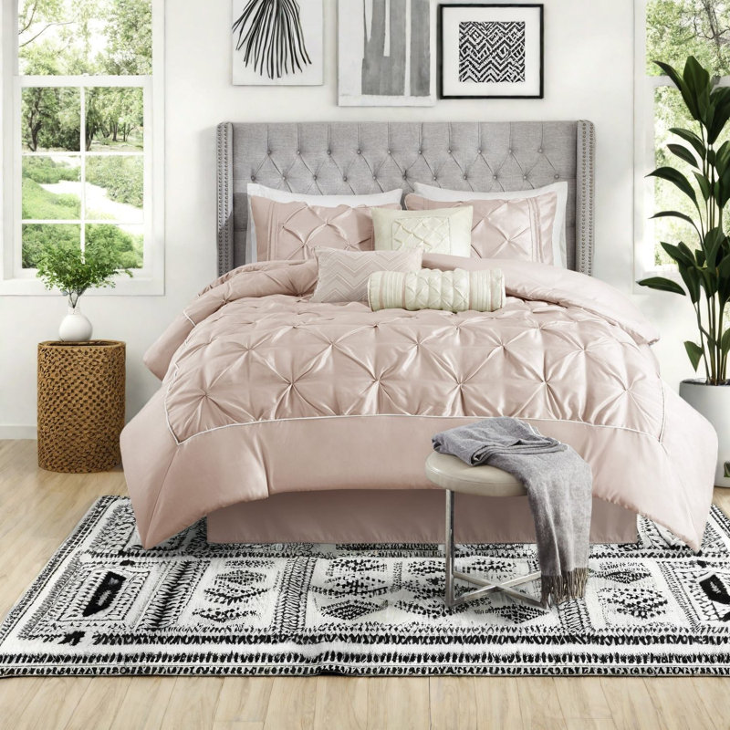Ensemble de literie élégant 7 pièces, polyester, rosé classique pour la maison