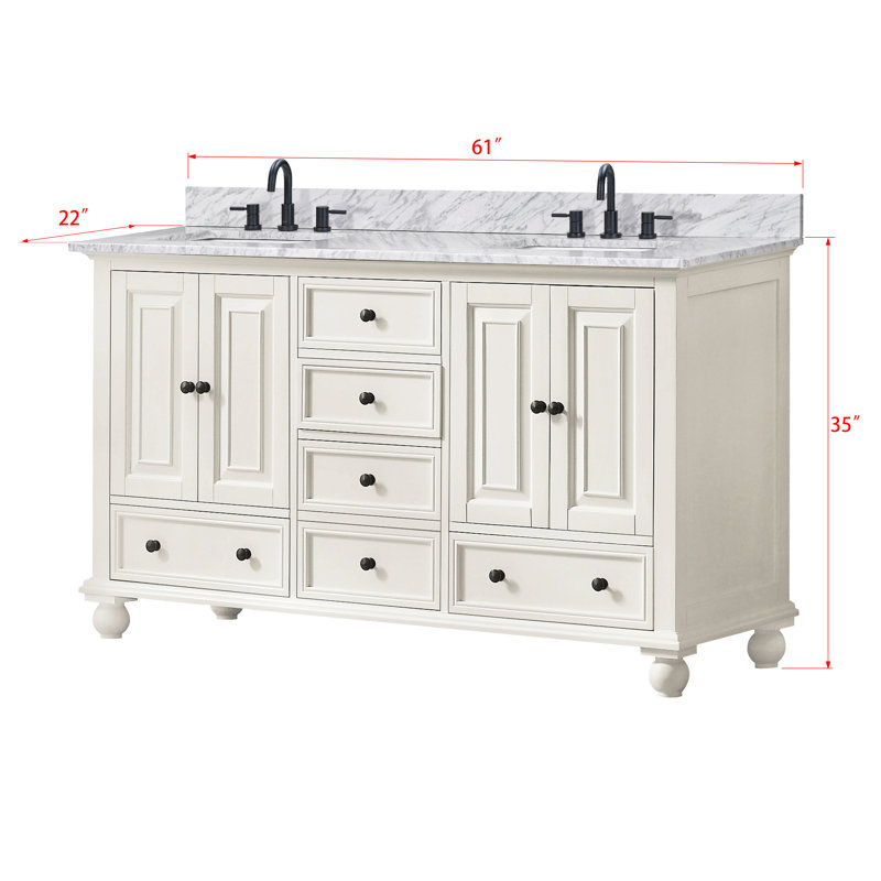 Thompson 61" Double Modern Bathroom Vanity Set, French White, Cala White, 60"