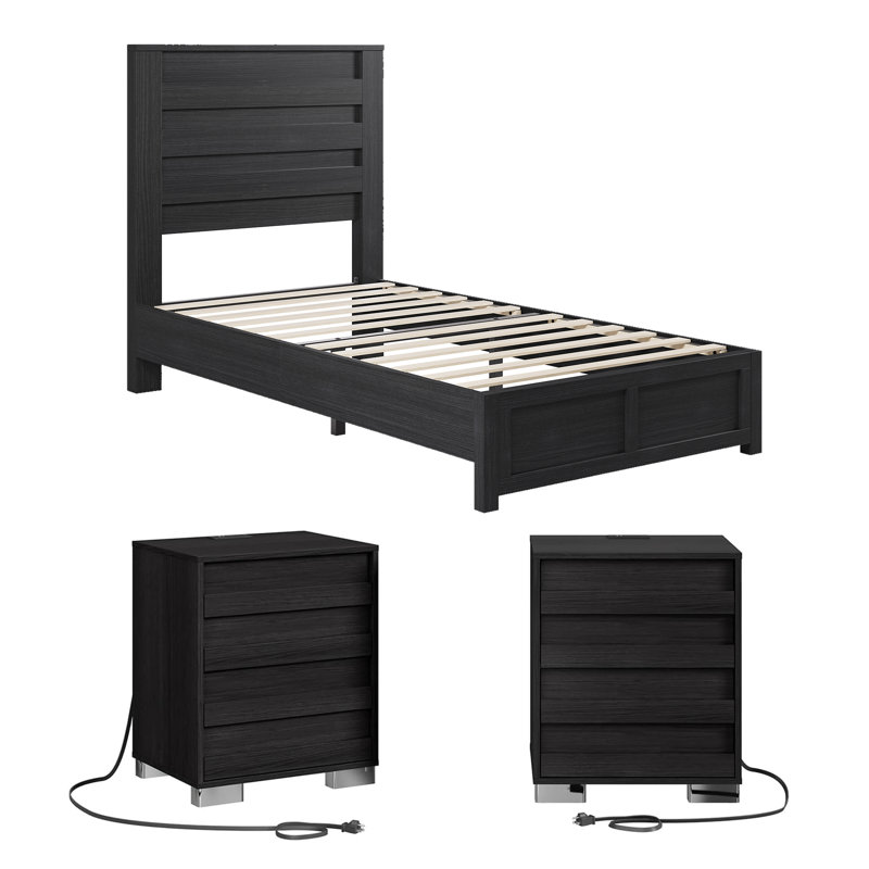 Ensemble de chambre avec lit plateforme et table de chevet 3 pièces Kurissa Farmhouse, Noir, Lit simple