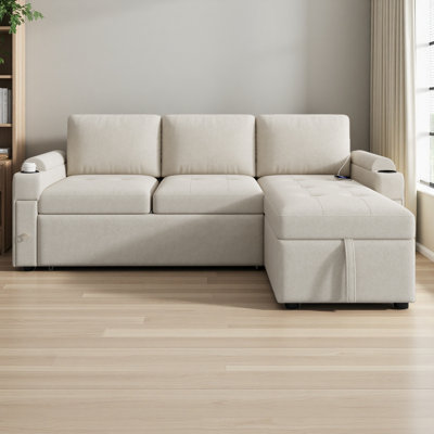 Canapé modulaire de 83,5 po avec canapé en L et canapé-lit modulaire avec grand espace de rangement, deux porte-gobelets et deux ports USB pour le salon