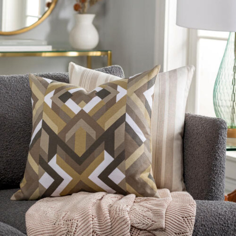 Teori Square Cotton Pillow Cover, 18" H x 18" W x 1" D, Gray/Khaki
