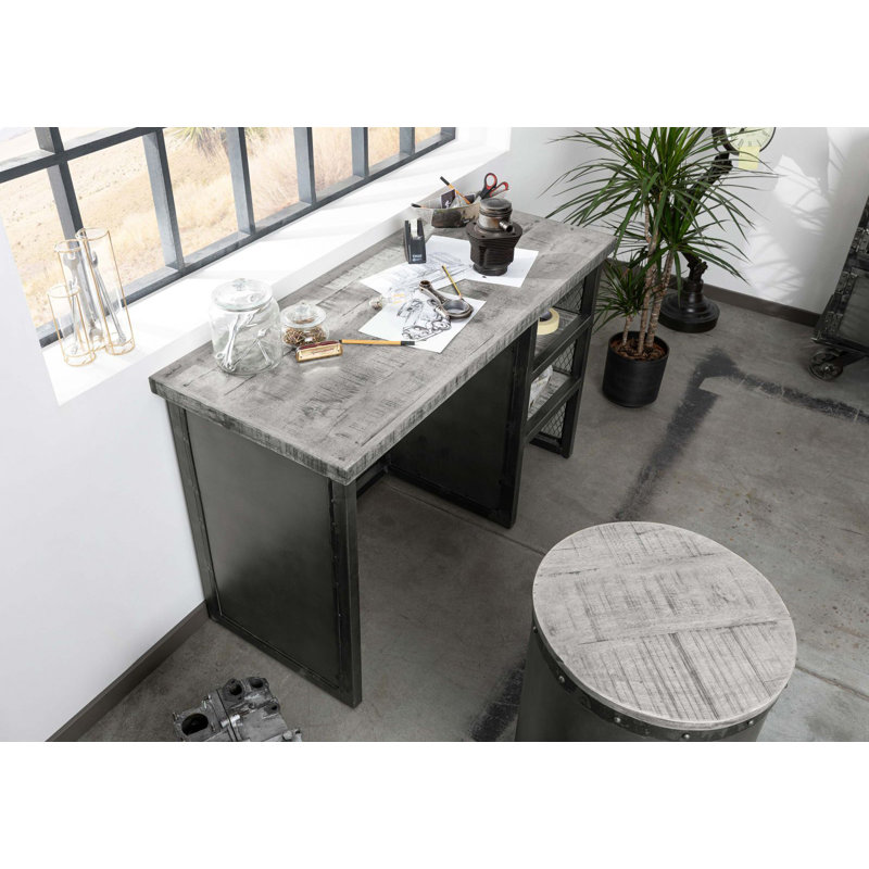 Heavy Industry Solid Wood Top Metal Base Writing Desk, Grey