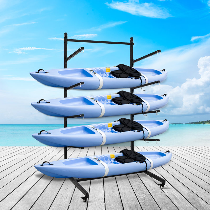 Support de rangement pour kayak, support autoportant pour kayak robuste avec roues pour kayak, canot, planche de surf et planche à pagaie, garage à 4 niveaux et support de rangement extérieur, noir