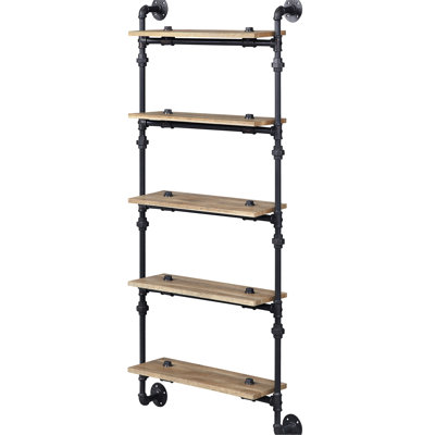 5-Shelf Wall Mounted Shelving - Oak And Sandy Black, Strong Metal For Decor Shelf In Rustic Look Home