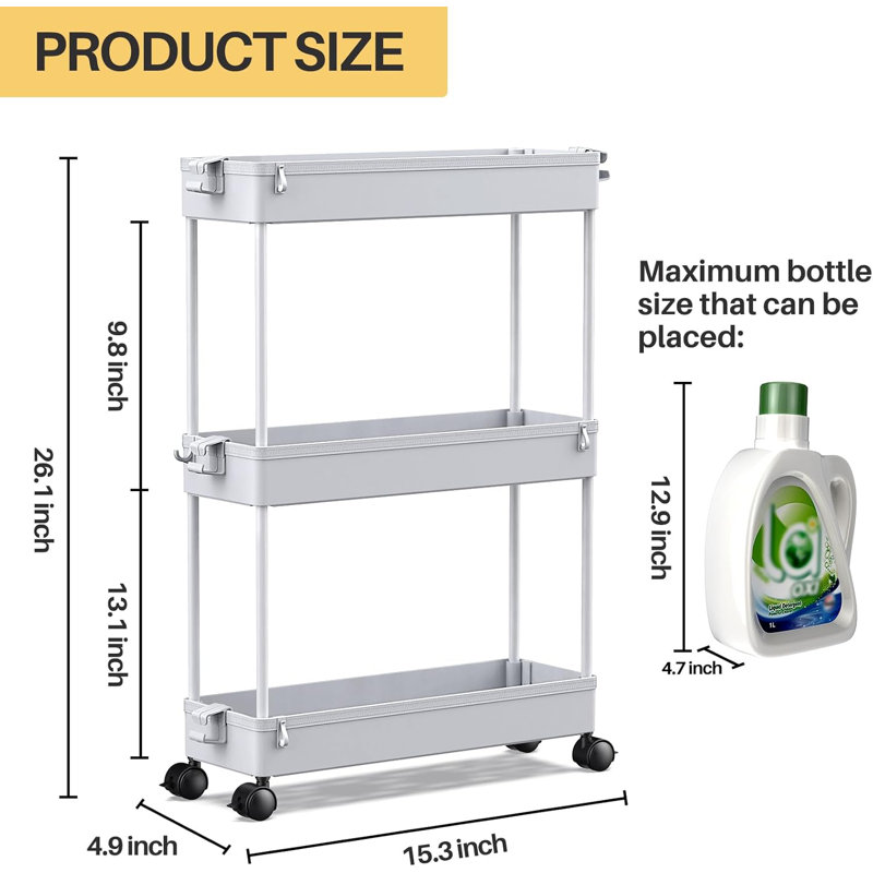 Slim Rolling Storage Cart, 3 Tier Storage Organizer Utility Cart Mobile Shelving Unit, Grey