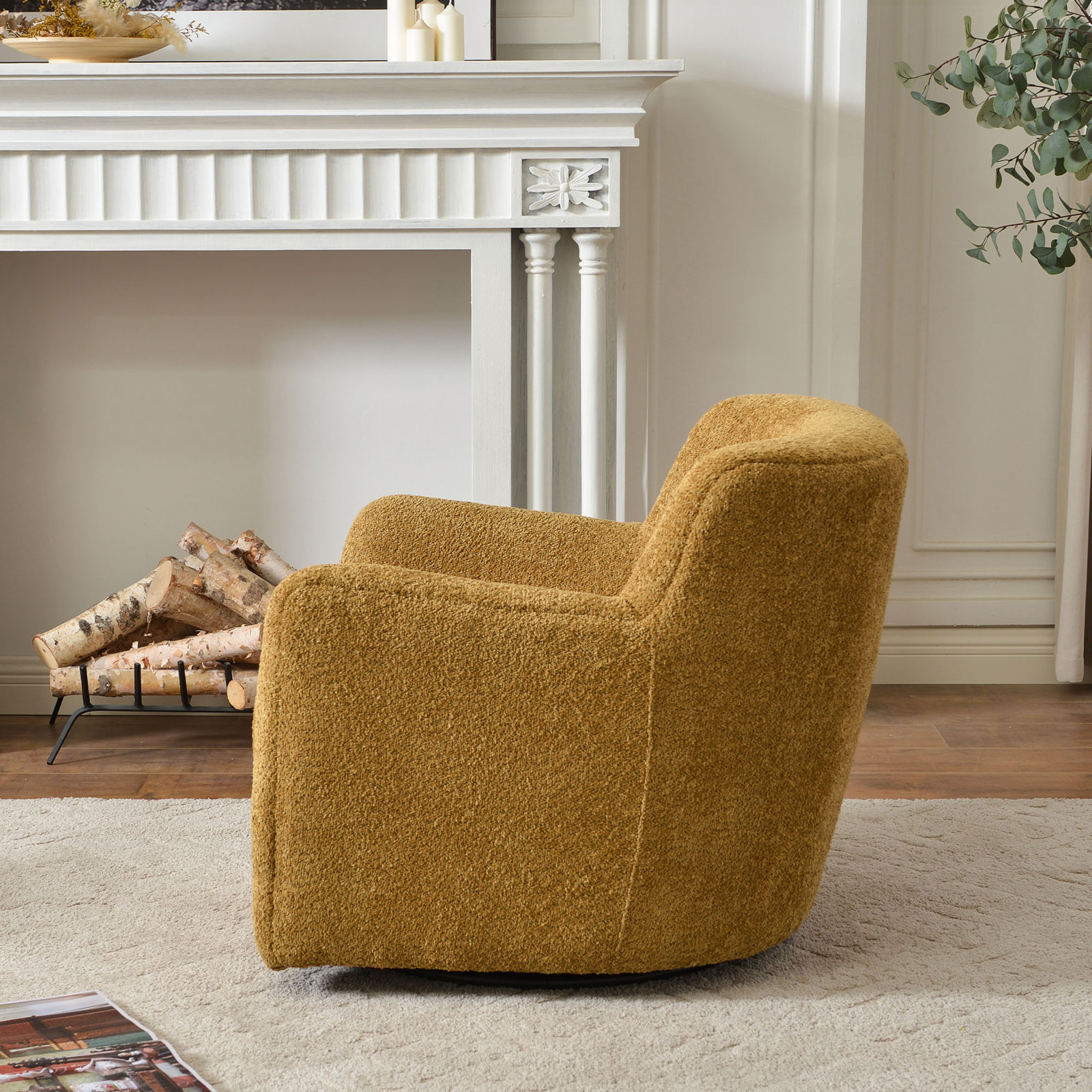 Fae Chenille Upholstered Swivel Armchair, Golden Ochre Textured Chenille