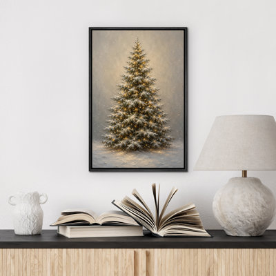 Arbre de Noël illuminé dans une scène d'hiver enneigée, reproduction d'art sur toile encadrée