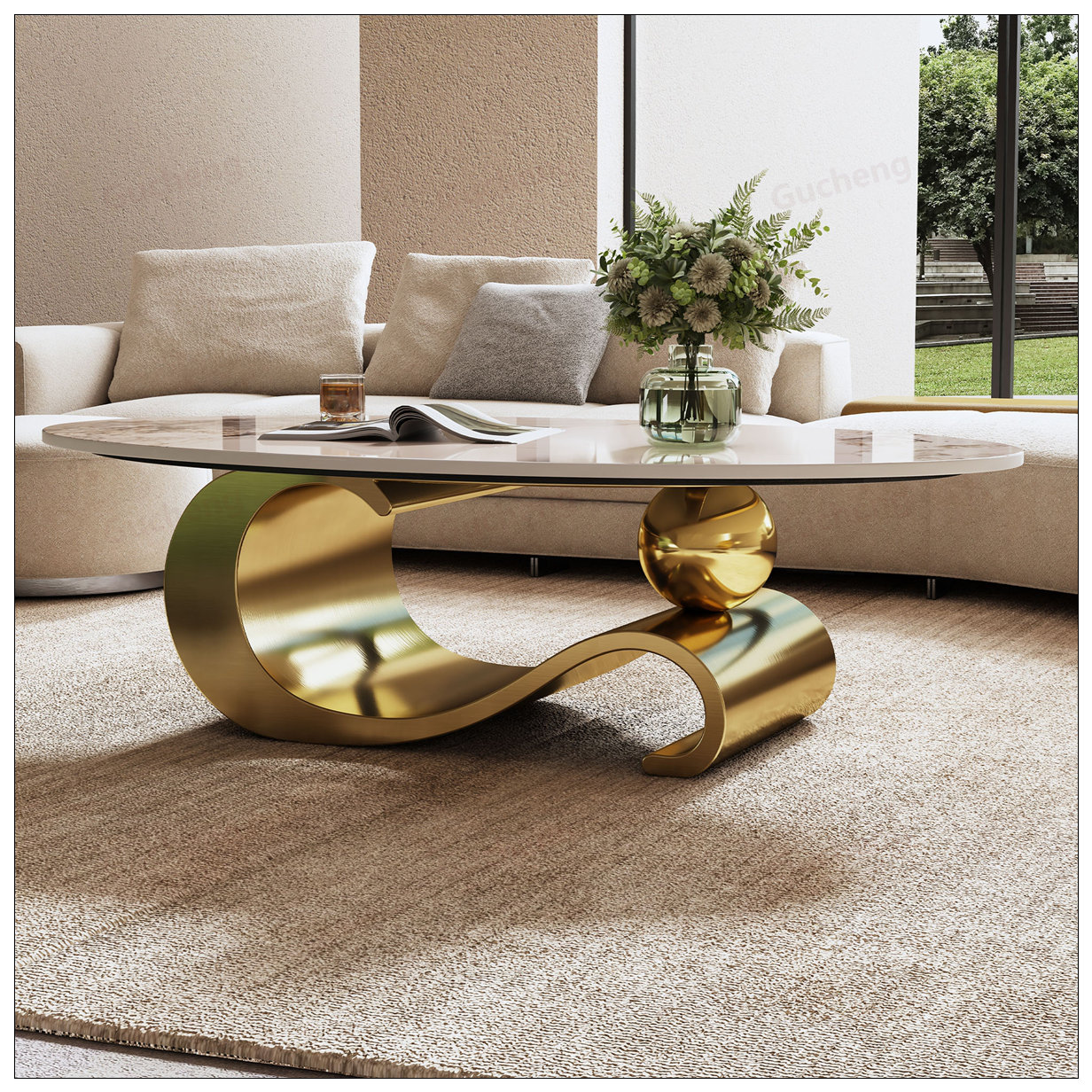 Everly Quinn 49.2inch Faux Marble Oval Coffee Table with Gold Stainless ...