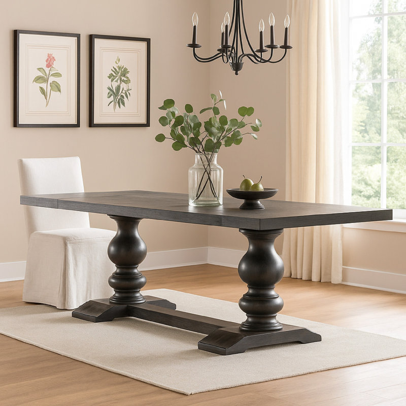 95-123 Inch Dining Table, 2 Extension Leaves, Turned, Antique Black Wood