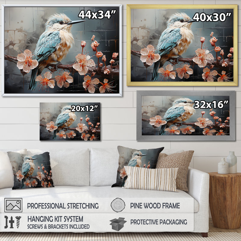 «Blue Floral Dancing Hummingbird - Hummingbird Animal», art mural, Cadre doré à coins fermés, H 24 po x l 32 po x P 1 po