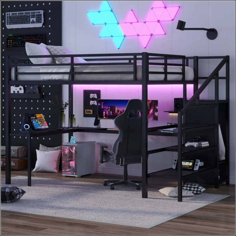 Lit mezzanine avec bureau en L et port USB, lit mezzanine en métal avec garde-robe et tablette réglable, lit mezzanine haut avec DEL pour enfants, adolescents, adultes