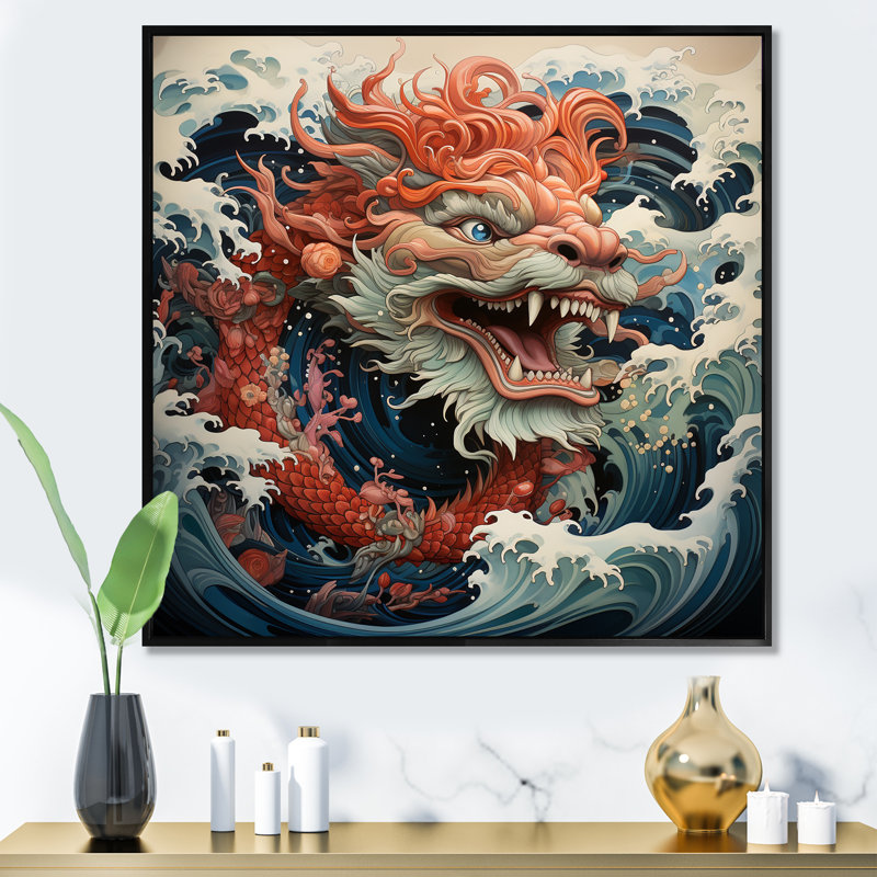 Vague de dragon japonais au large de Kanagawa V - art mural Dragons, Cadre flottant noir, H 30 po x l 30 po x P 1,5 po