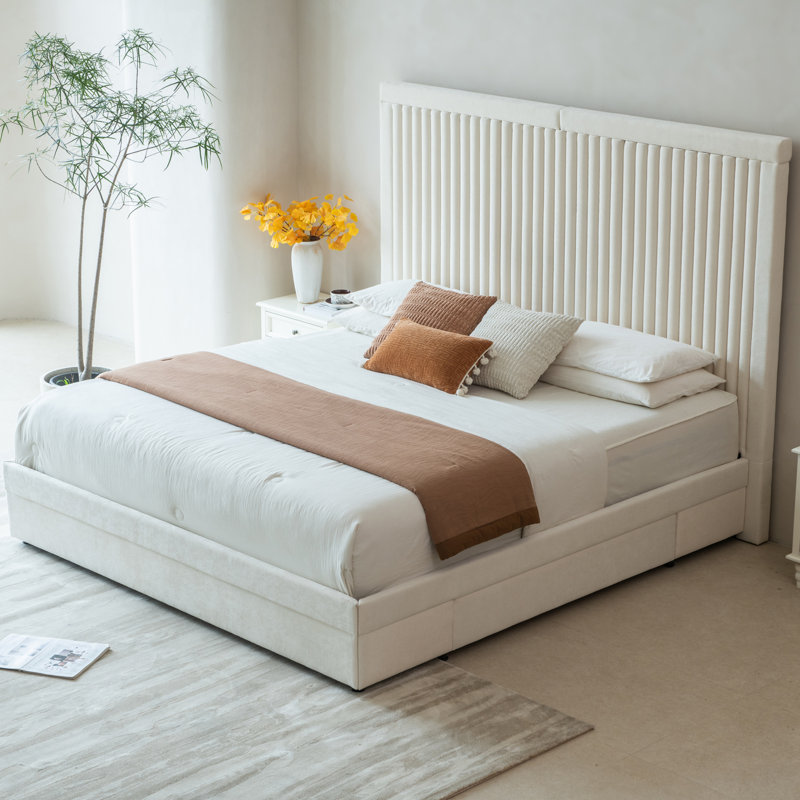 Lit plateforme capitonné avec tiroirs de rangement, haute tête de lit capitonnée, sommier non nécessaire, King, Cream