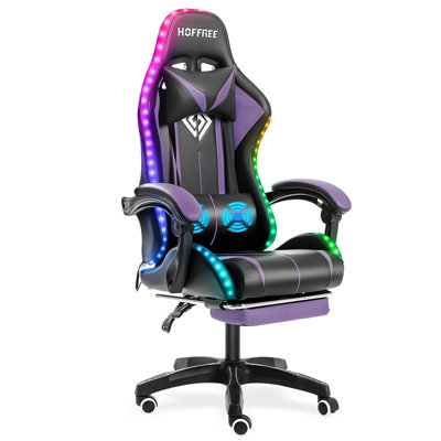 Hoffree Reclining Ergonomic PC & Racing Game Chair with LED Lights & Massage Lumbar Pillow by Hoffree