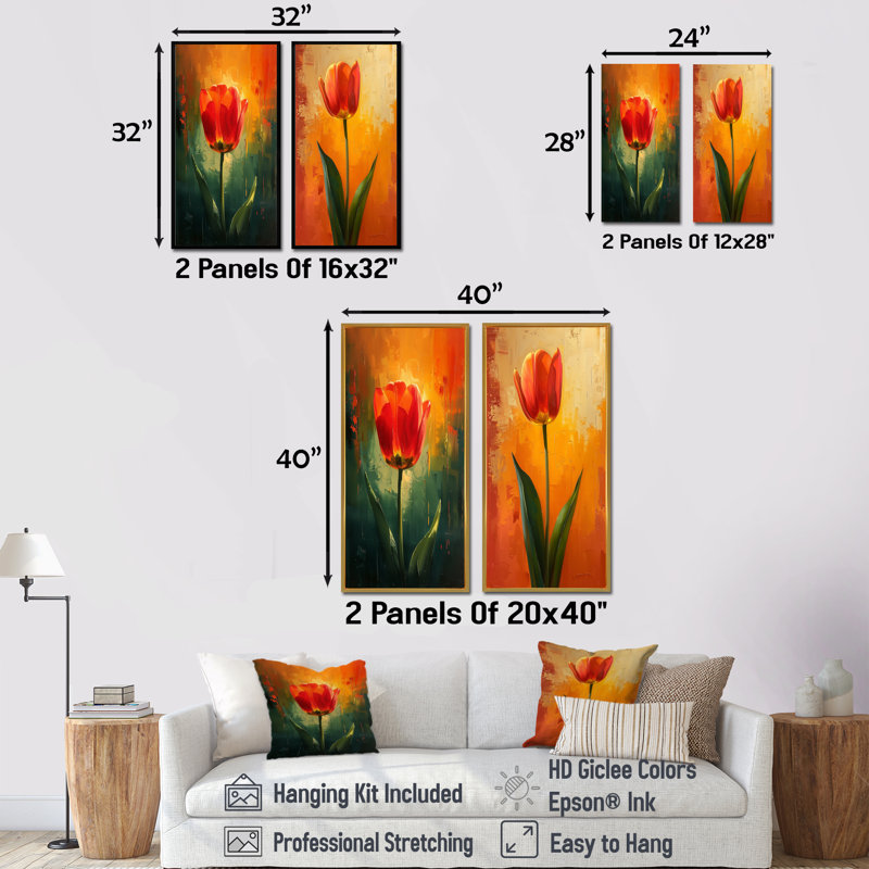 Ensemble de 2 tulipes rouges et vertes éclatantes, H 40 po x l 40 po, Ne s’applique pas, Toile tendue sur cadre