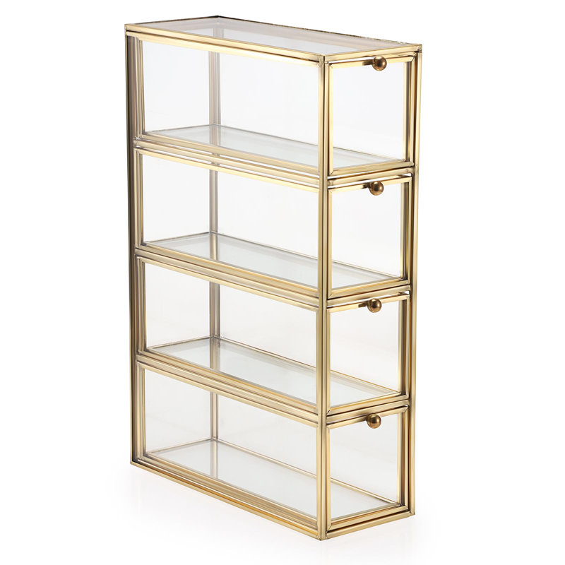 Boîte de rangement pour lunettes de soleil avec 4 tiroirs, porte-lunettes en métal doré et porte-lunettes, organisateur à tiroirs multiples en verre transparent pour lunettes